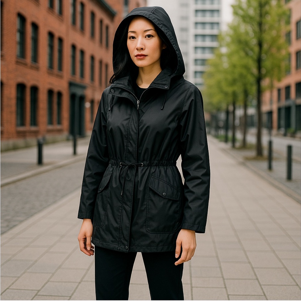 Jones New York black double zip front trench style hooded coat!